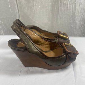 CHLOE Vintage Platform Wedge Peep-Toe Leather Sandals Sling Back Size 6 Bohemian